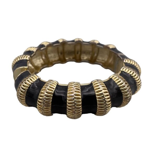 Enamel Hinged Bangle Bracelet Bamboo Style Black and Gold Tone - Picture 1 of 6
